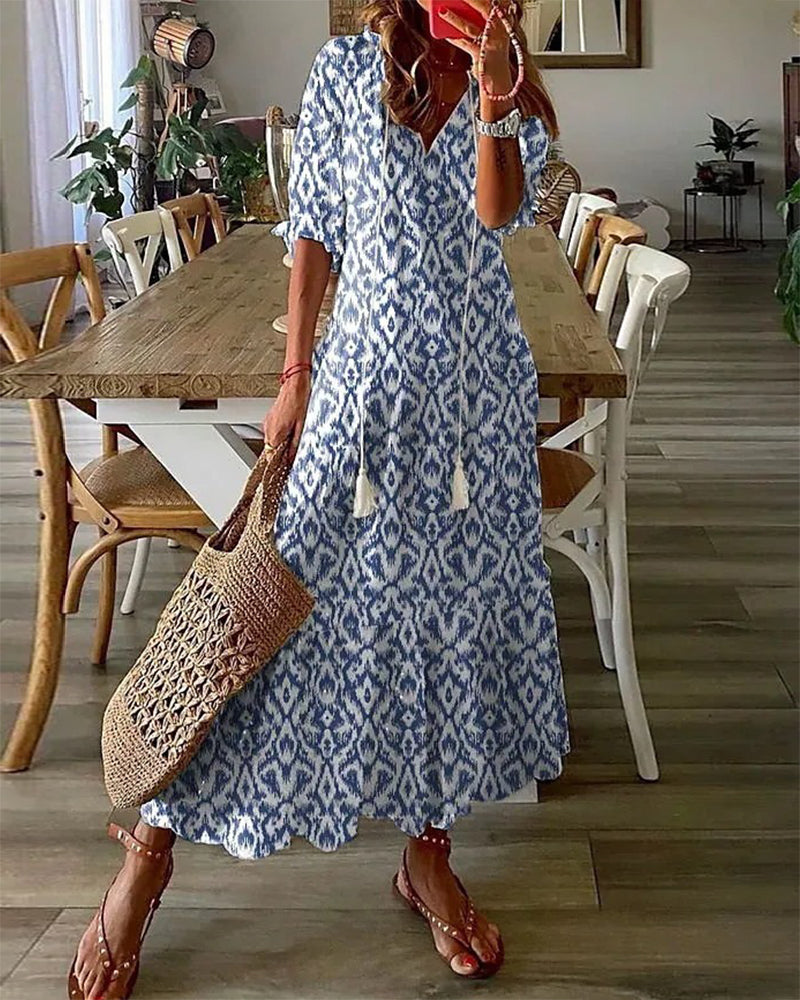 Noventis - V-Neck Geometric Print Maxi Dress