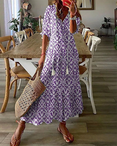 Noventis - V-Neck Geometric Print Maxi Dress