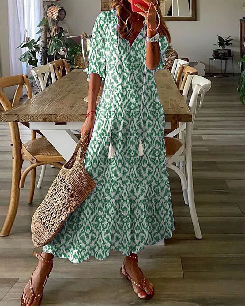 Noventis - V-Neck Geometric Print Maxi Dress