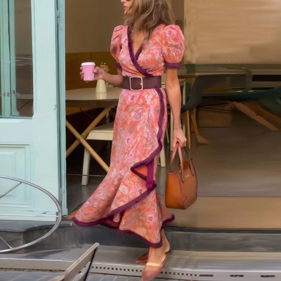 Noventis | Elegant Pink Maxi Dress with Short Sleeves