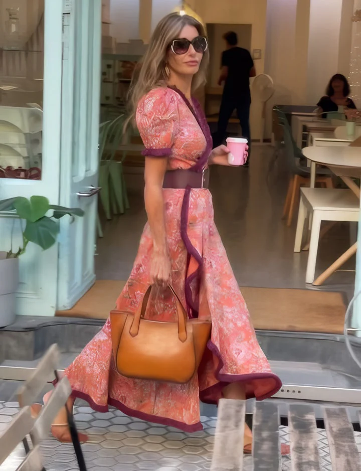 Noventis | Elegant Pink Maxi Dress with Short Sleeves