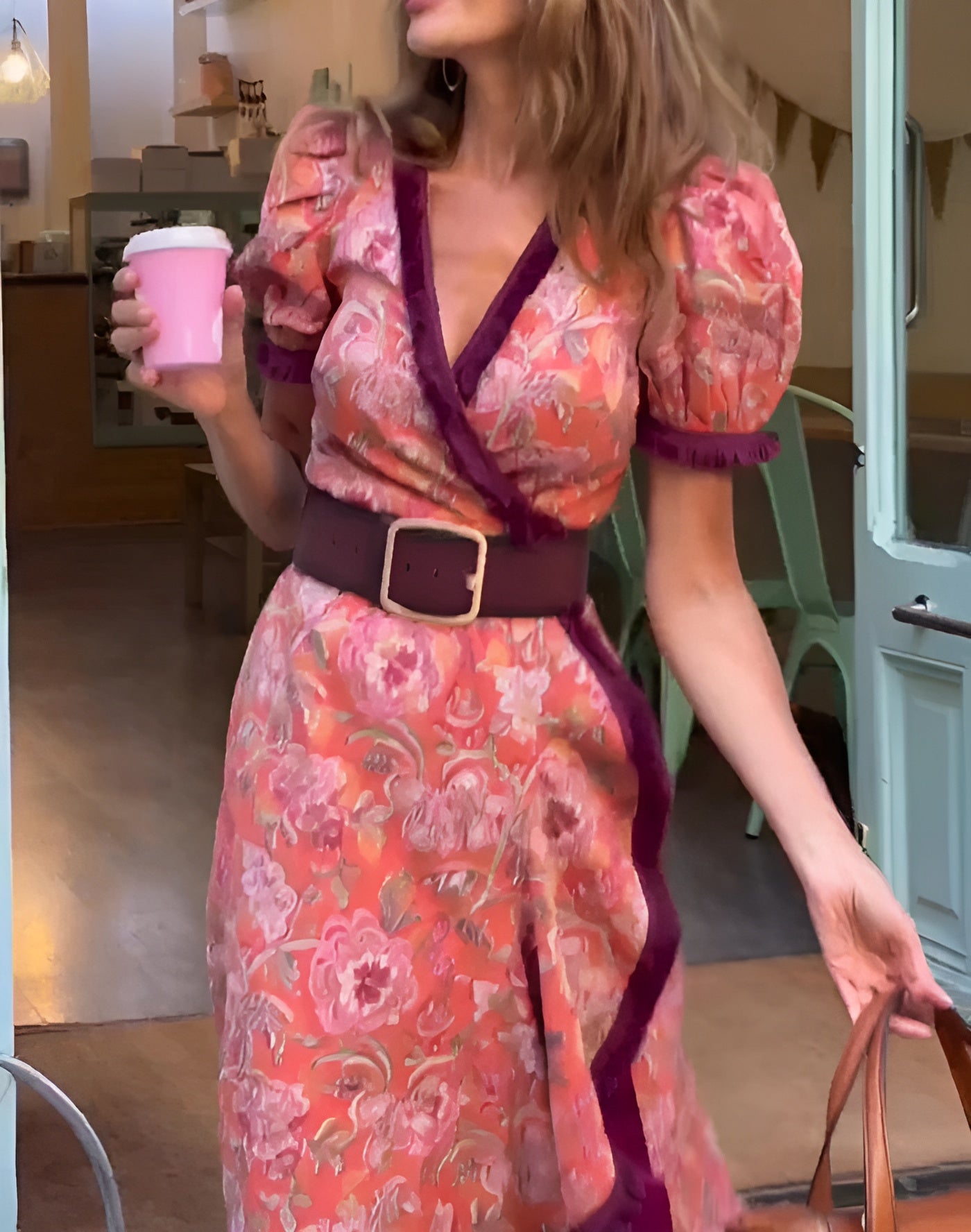 Noventis | Elegant Pink Maxi Dress with Short Sleeves