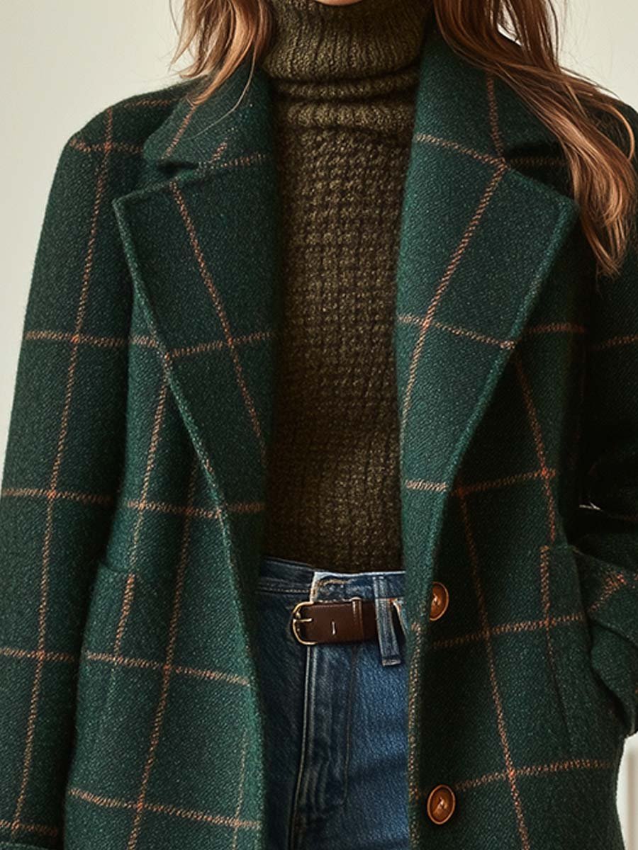 Noventis | Retro Lapel Plaid Tweed Coat