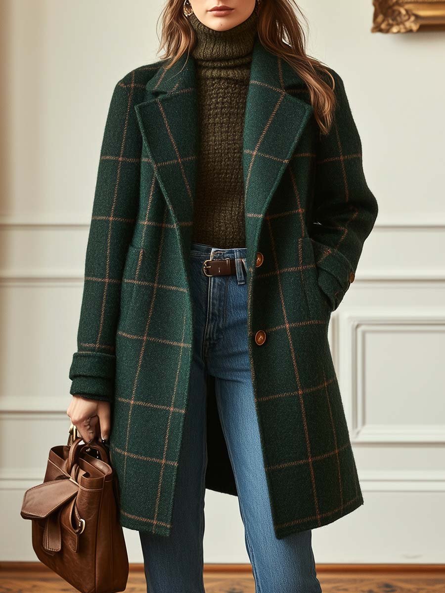 Noventis | Retro Lapel Plaid Tweed Coat