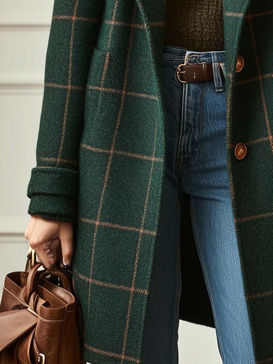 Noventis | Retro Lapel Plaid Tweed Coat